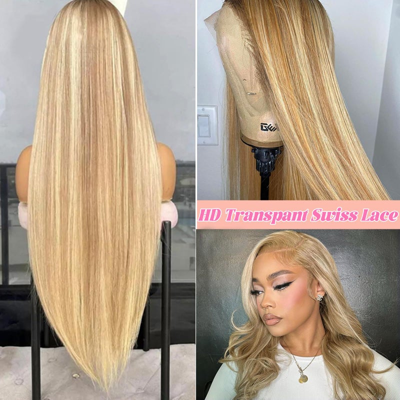 Smavida Highlights 13x4 Transparent Blonde Lace Wig Human Hair 4/12/613 Mixed Color Ombre Mediun to Brown with Honey Blonde Highlight Lace Front Human Hair Wigs Pre Plucked with Bleached Knots for White Women - Image 3